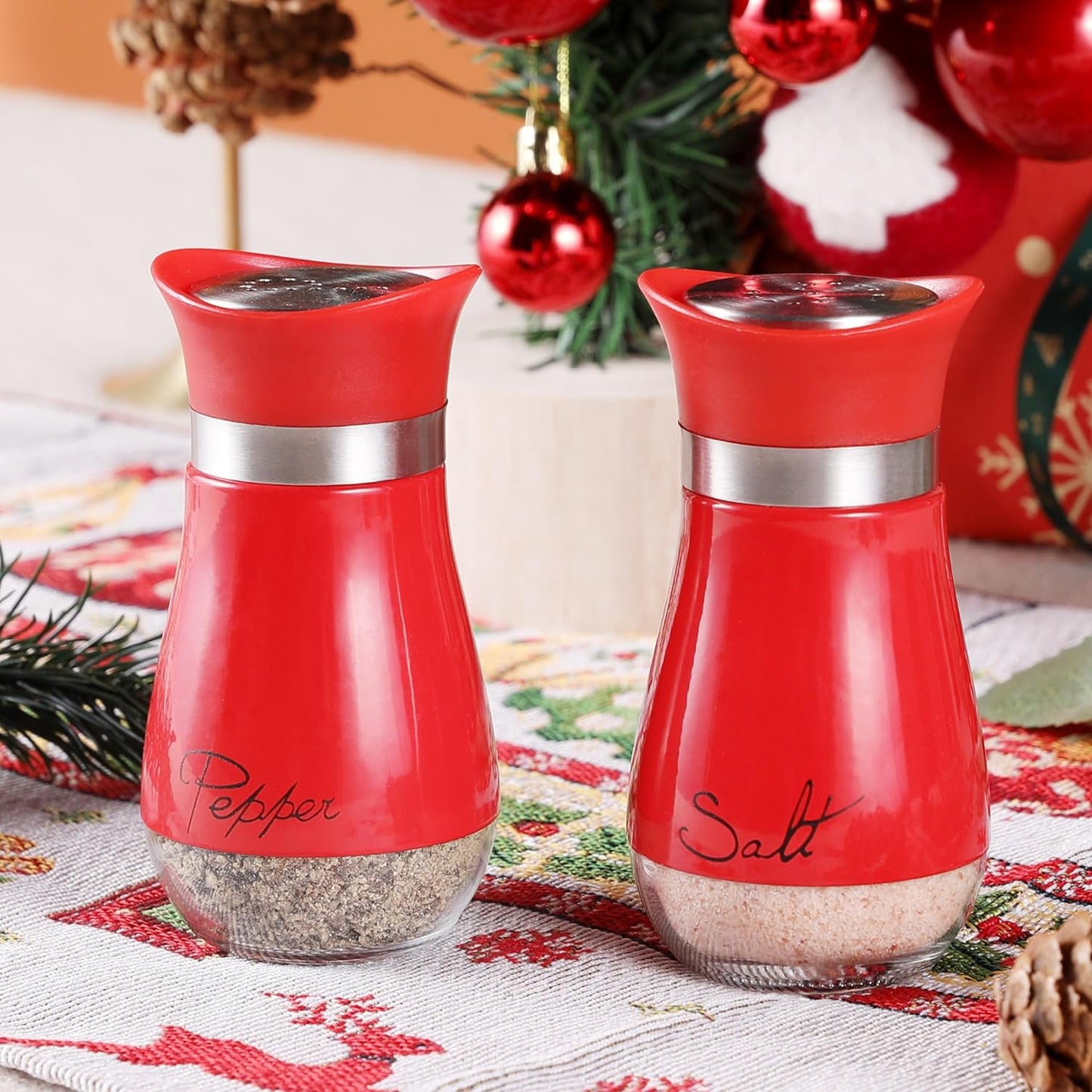 Salt and Pepper Shakers Set - Salt Containers for Gifts, Kitchen Decor, Home, RV, Camp, BBQ, 4 Oz Farmhouse Spice Dispenser with Glass Bottom, Red, Set of 2