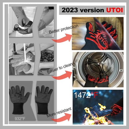 BBQ Grill Gloves, 1472°F Heat Resistant Barbecue Gloves Oven Mitts for Kitchen BBQ Grilling and Outdoor Cooking Campfire Fireplace Accessories, 1 Pair, 13 Inch Long Oven Gloves with Fingers, XL