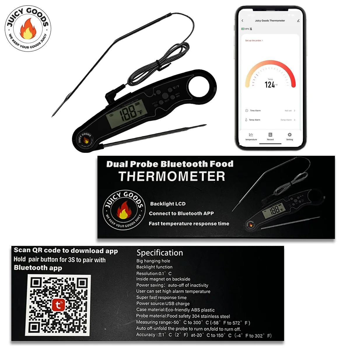 Bluetooth Digital Grill Meat Thermometer with Mobile App Dual Probe BBQ Food Thermometer