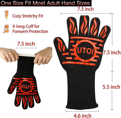BBQ Grill Gloves, 1472°F Heat Resistant Barbecue Gloves Oven Mitts for Kitchen BBQ Grilling and Outdoor Cooking Campfire Fireplace Accessories, 1 Pair, 13 Inch Long Oven Gloves with Fingers, XL
