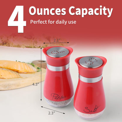 Salt and Pepper Shakers Set - Salt Containers for Gifts, Kitchen Decor, Home, RV, Camp, BBQ, 4 Oz Farmhouse Spice Dispenser with Glass Bottom, Red, Set of 2
