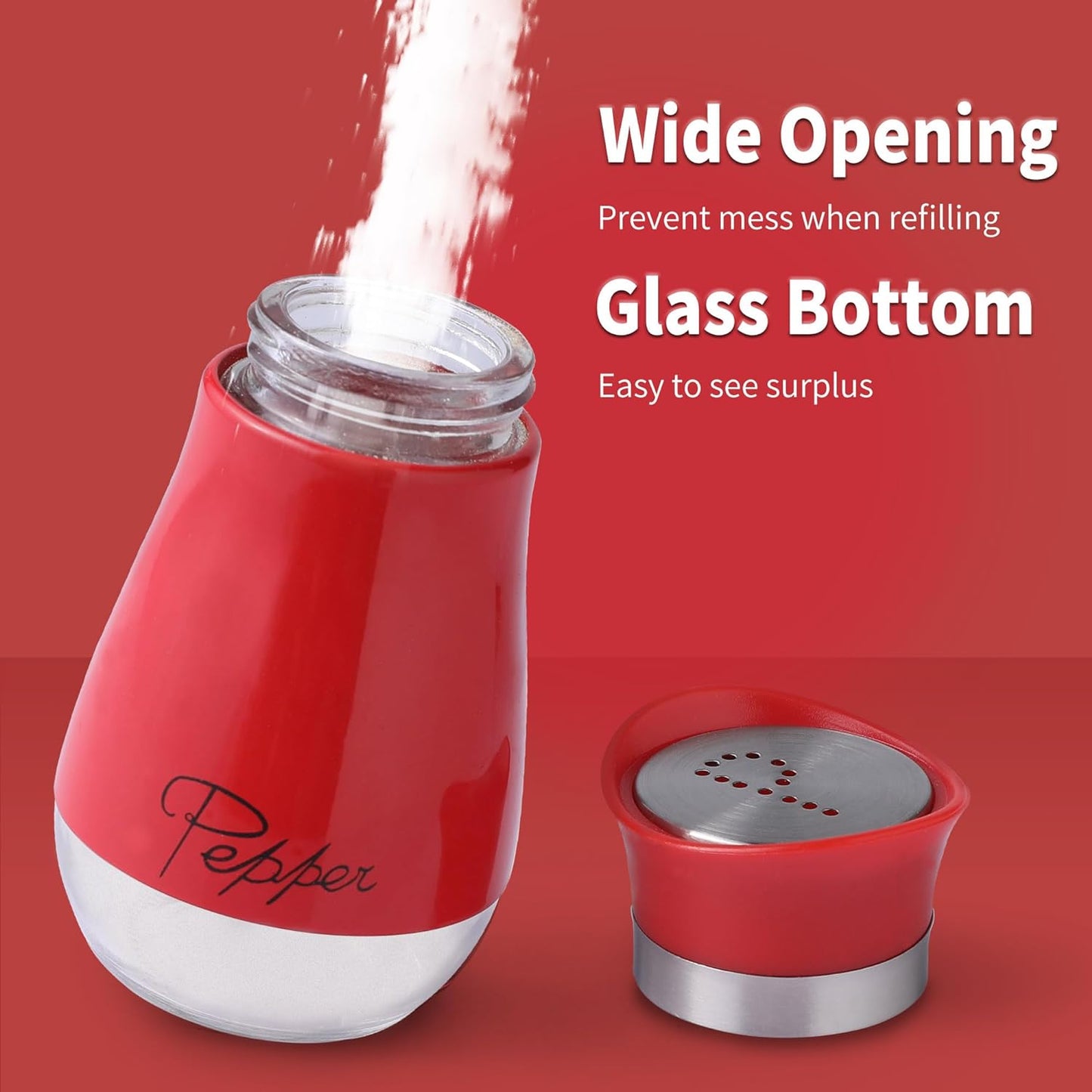 Salt and Pepper Shakers Set - Salt Containers for Gifts, Kitchen Decor, Home, RV, Camp, BBQ, 4 Oz Farmhouse Spice Dispenser with Glass Bottom, Red, Set of 2
