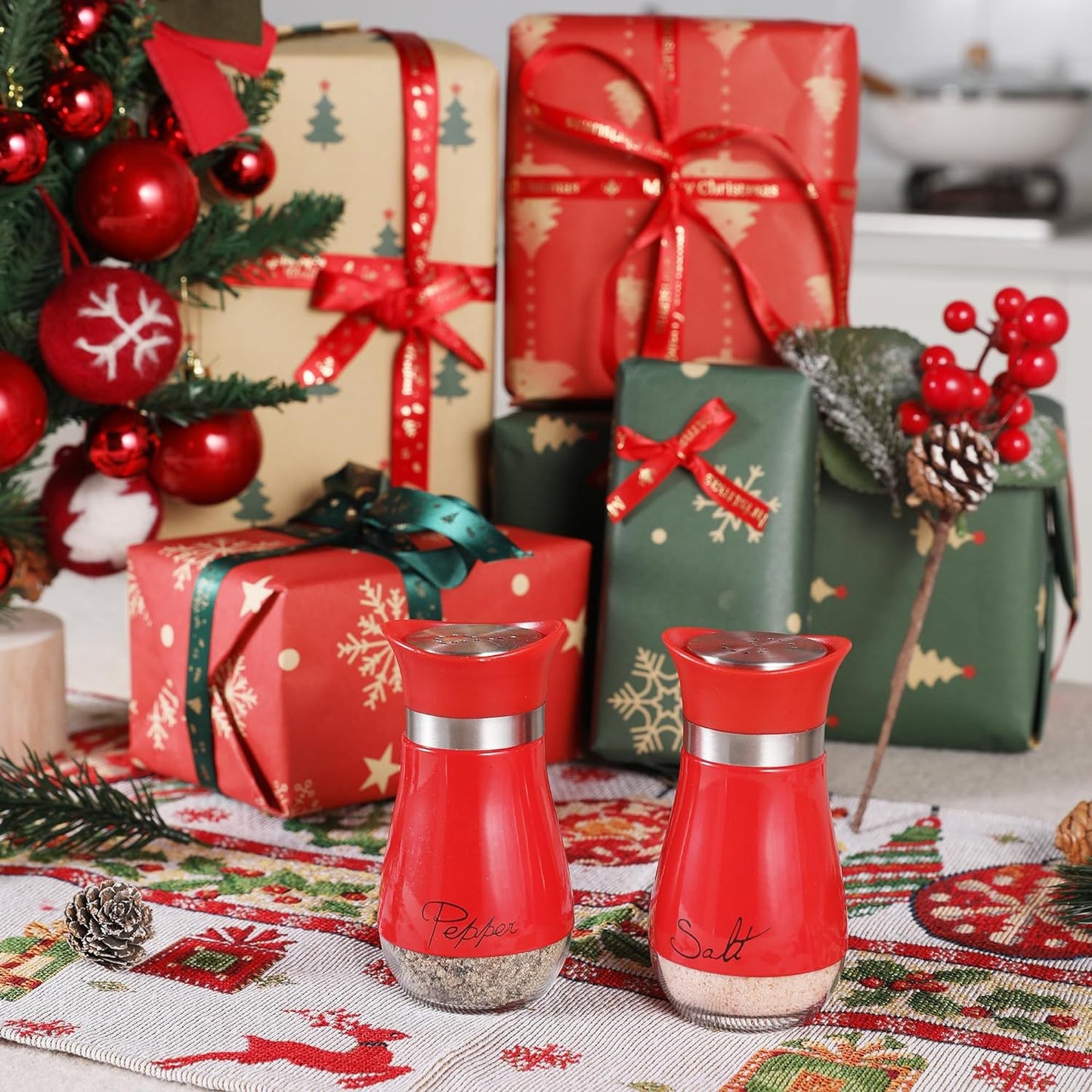 Salt and Pepper Shakers Set - Salt Containers for Gifts, Kitchen Decor, Home, RV, Camp, BBQ, 4 Oz Farmhouse Spice Dispenser with Glass Bottom, Red, Set of 2