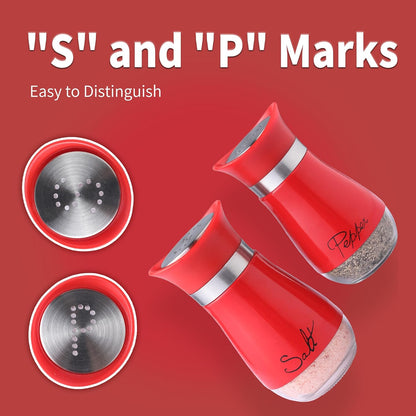 Salt and Pepper Shakers Set - Salt Containers for Gifts, Kitchen Decor, Home, RV, Camp, BBQ, 4 Oz Farmhouse Spice Dispenser with Glass Bottom, Red, Set of 2