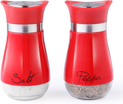 Salt and Pepper Shakers Set - Salt Containers for Gifts, Kitchen Decor, Home, RV, Camp, BBQ, 4 Oz Farmhouse Spice Dispenser with Glass Bottom, Red, Set of 2