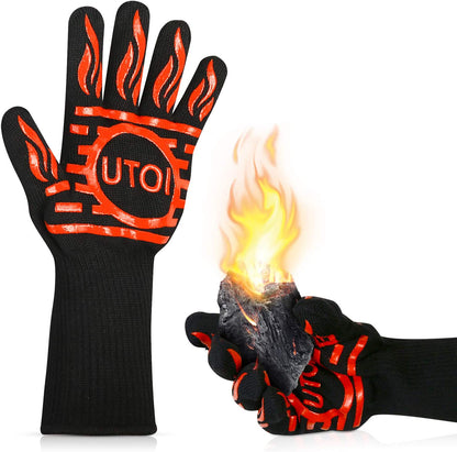 BBQ Grill Gloves, 1472°F Heat Resistant Barbecue Gloves Oven Mitts for Kitchen BBQ Grilling and Outdoor Cooking Campfire Fireplace Accessories, 1 Pair, 13 Inch Long Oven Gloves with Fingers, XL
