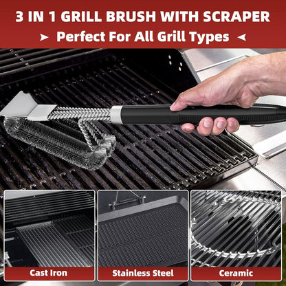 Grill Brush for Outdoor Grill, BBQ Brush for Grill Cleaning, 18" Grill Cleaner Brush and Scraper, Smoker Grill Accessories Tool - Christmas Grilling Gifts for Men Dad Boyfriend